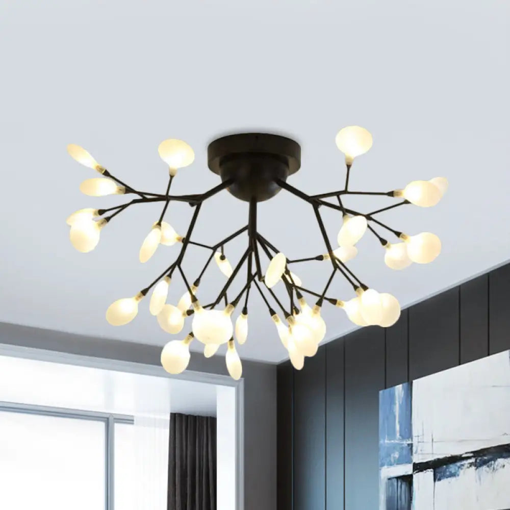 Modern Black Twig Ceiling Light With Round Flower Design - Creative Metallic Semi Flush For Cafes