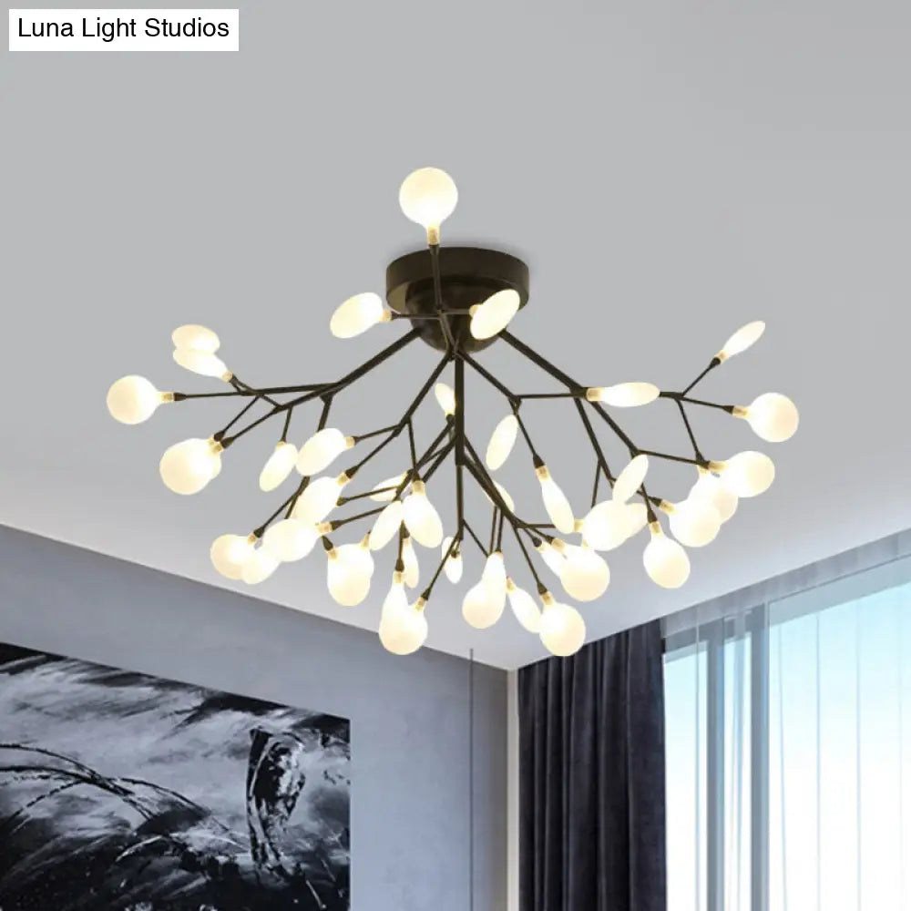Modern Black Twig Ceiling Light With Round Flower Design - Creative Metallic Semi Flush For Cafes 45
