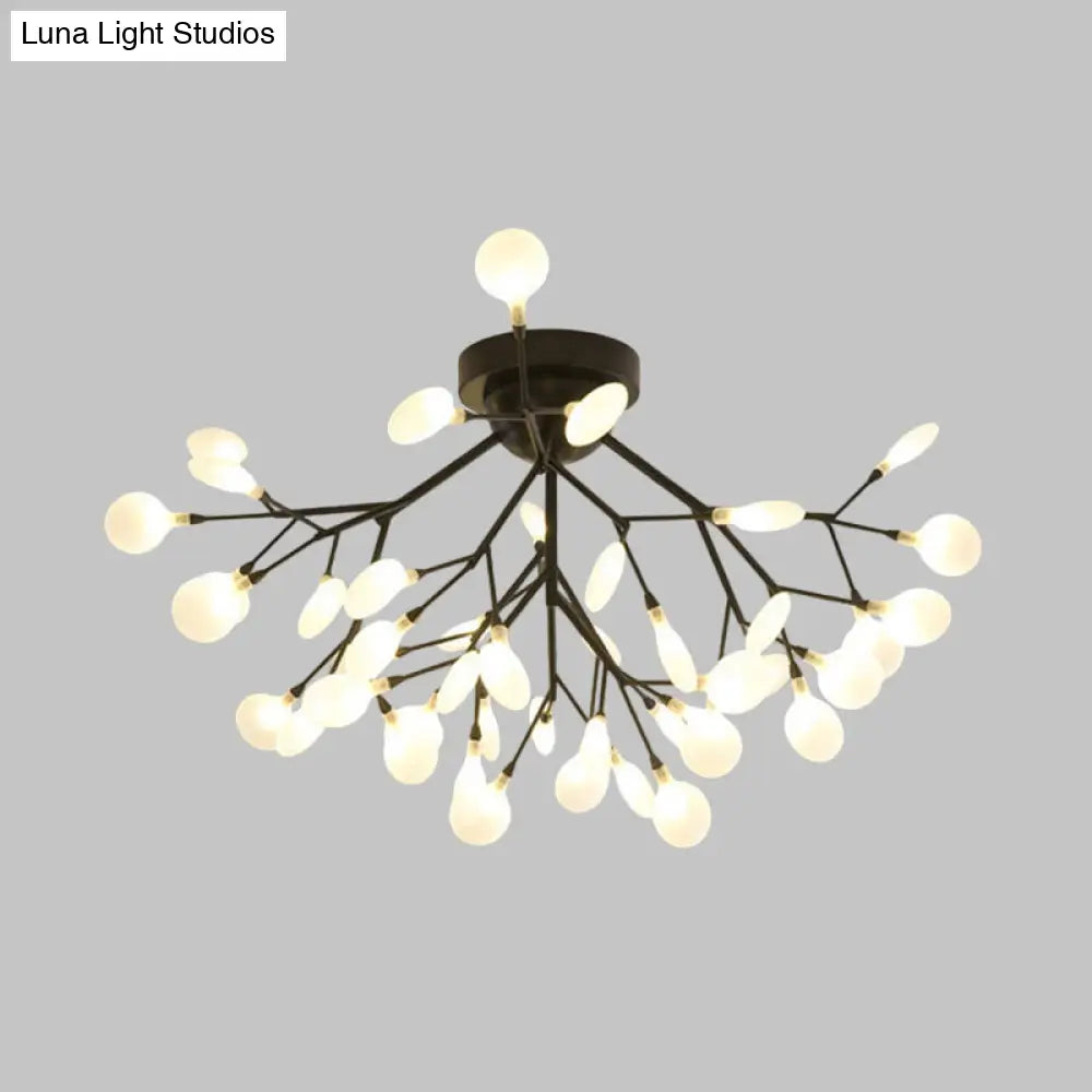 Modern Black Twig Ceiling Light With Round Flower Design - Creative Metallic Semi Flush For Cafes