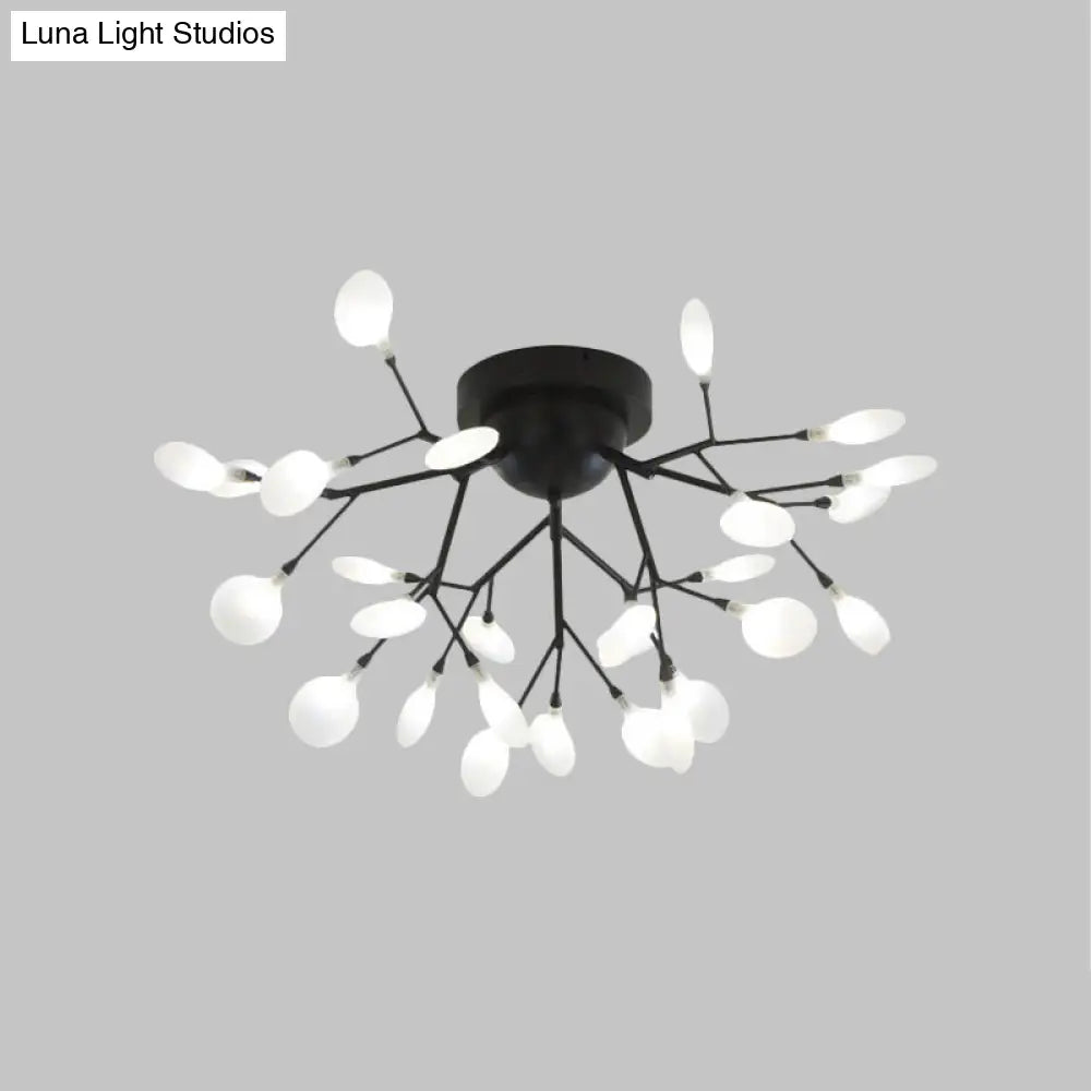 Modern Black Twig Ceiling Light With Round Flower Design - Creative Metallic Semi Flush For Cafes