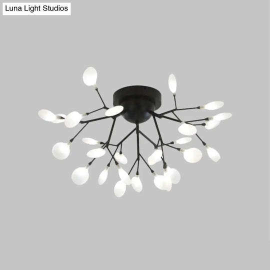 Modern Black Twig Ceiling Light With Round Flower Design - Creative Metallic Semi Flush For Cafes