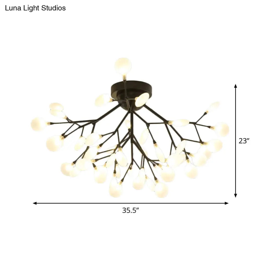 Modern Black Twig Ceiling Light With Round Flower Design - Creative Metallic Semi Flush For Cafes