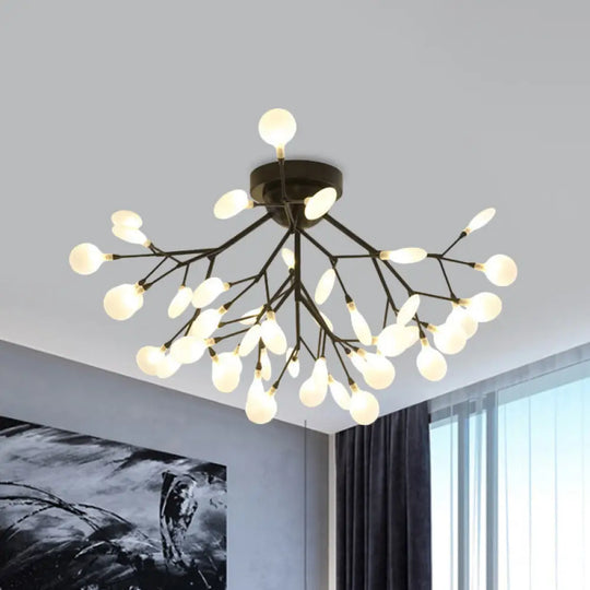 Modern Black Twig Ceiling Light With Round Flower Design - Creative Metallic Semi Flush For Cafes