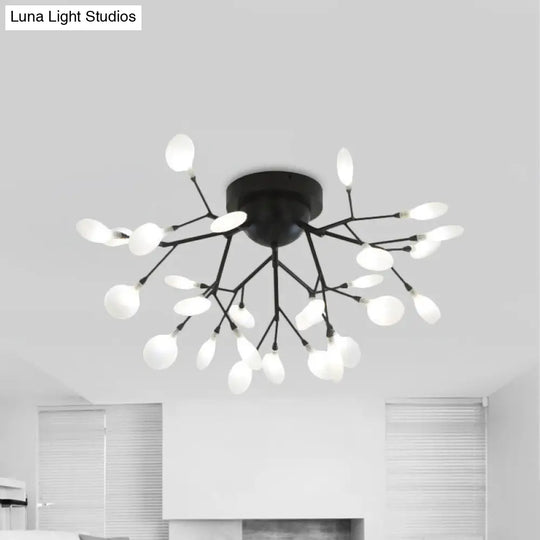 Modern Black Twig Ceiling Light With Round Flower Design - Creative Metallic Semi Flush For Cafes 27