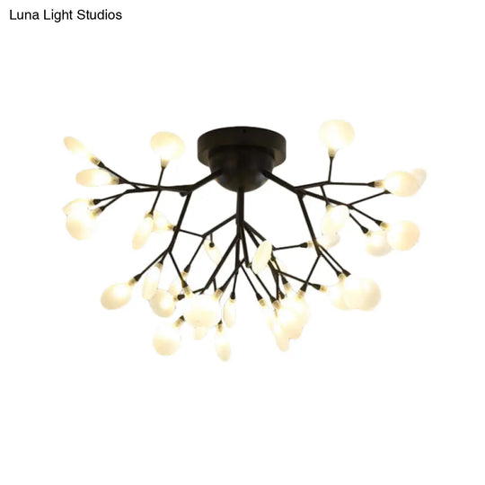 Modern Black Twig Ceiling Light With Round Flower Design - Creative Metallic Semi Flush For Cafes