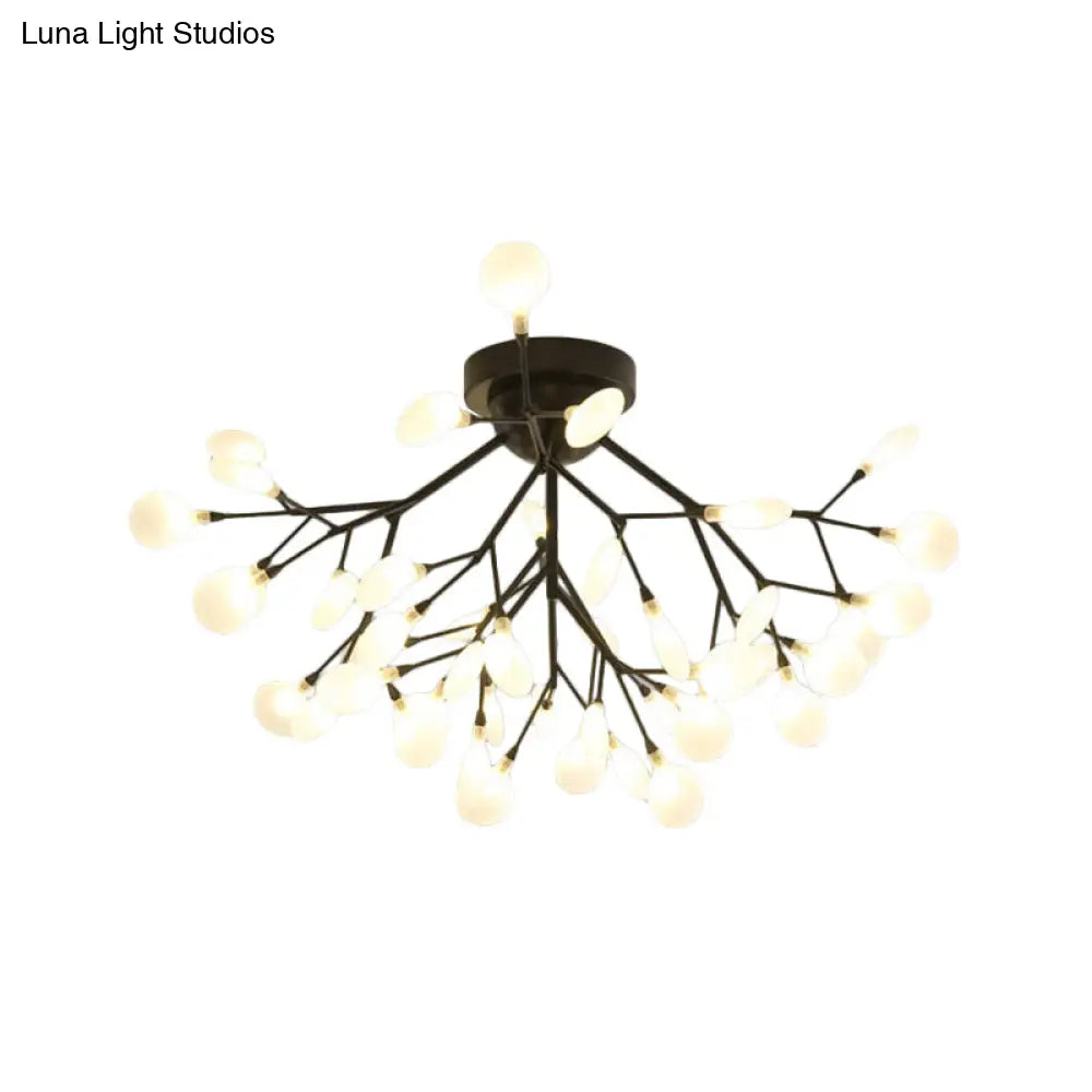 Modern Black Twig Ceiling Light With Round Flower Design - Creative Metallic Semi Flush For Cafes