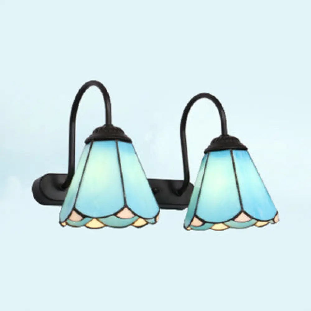 Modern Black Vanity Wall Light With Tiffany White/Blue Glass Cone Sconces - Ideal For Bedroom Blue