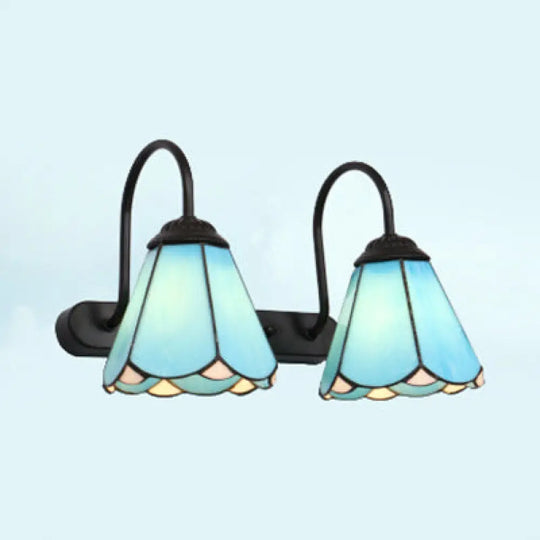 Modern Black Vanity Wall Light With Tiffany White/Blue Glass Cone Sconces - Ideal For Bedroom Blue