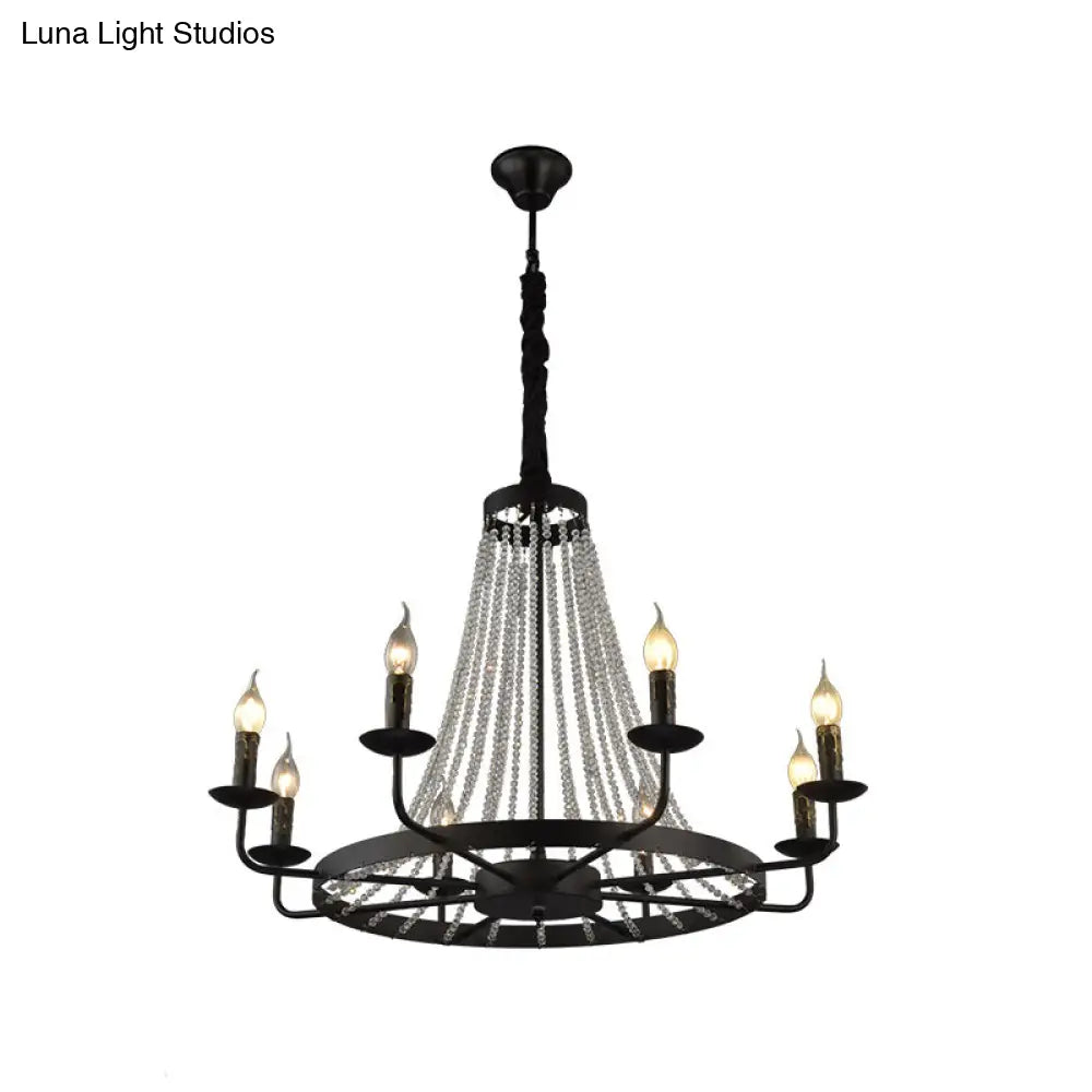 Modern Black Wagon Wheel Chandelier With Crystal Accents - Classic Metal Pendant Lighting Fixture