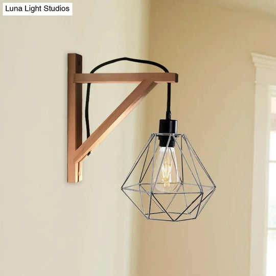 Modern Black Wall Lamp: Loft Style Iron Pear Shaped/Diamond Cage Design With Wood Brace