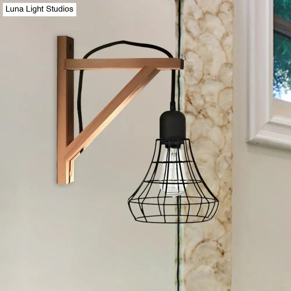 Modern Black Wall Lamp: Loft Style Iron Pear Shaped/Diamond Cage Design With Wood Brace