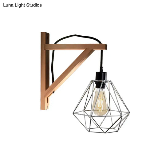 Modern Black Wall Lamp: Loft Style Iron Pear Shaped/Diamond Cage Design With Wood Brace