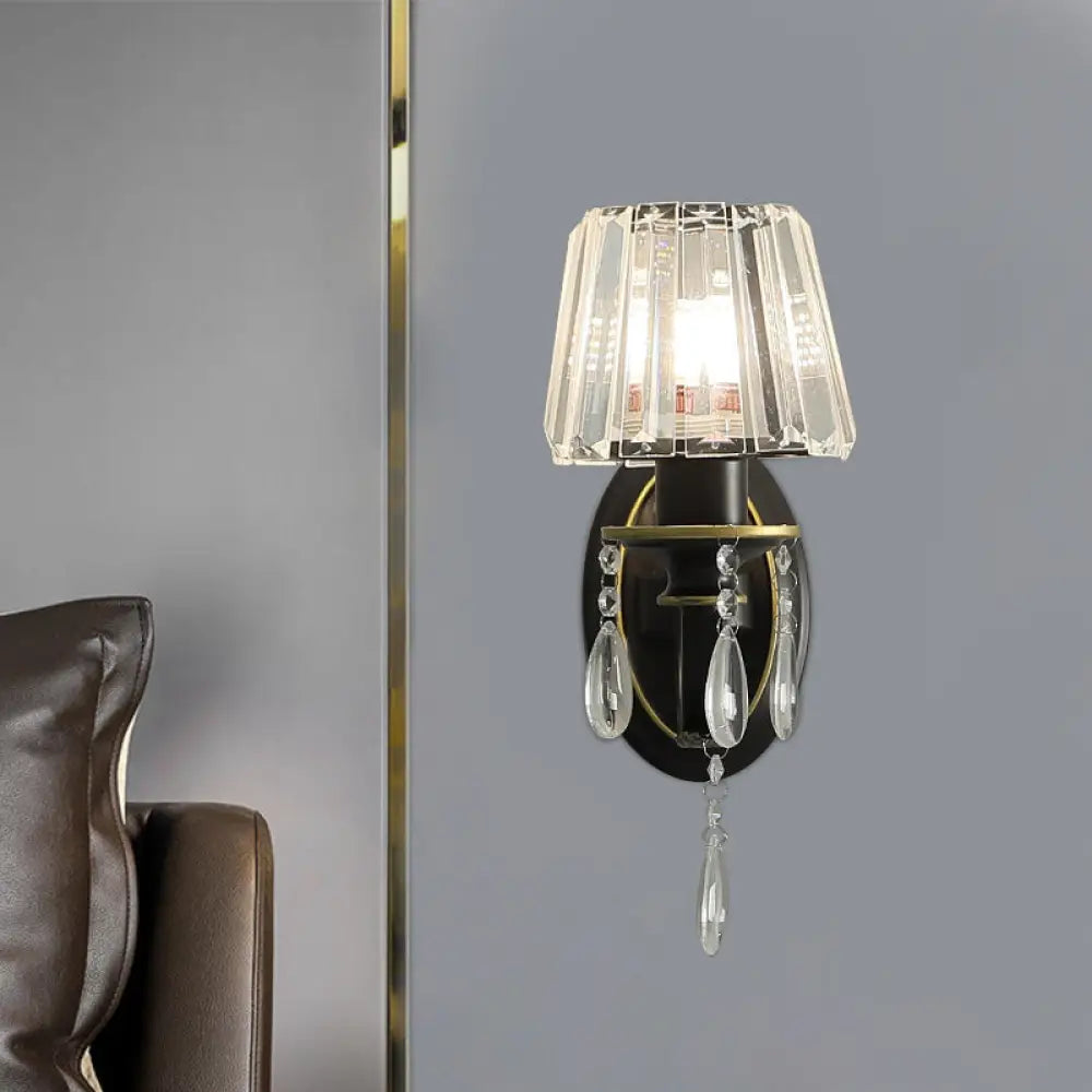 Modern Black Wall Lamp With Crystal Prisms Shade - Stylish Half-Head Light Fixture 1 /