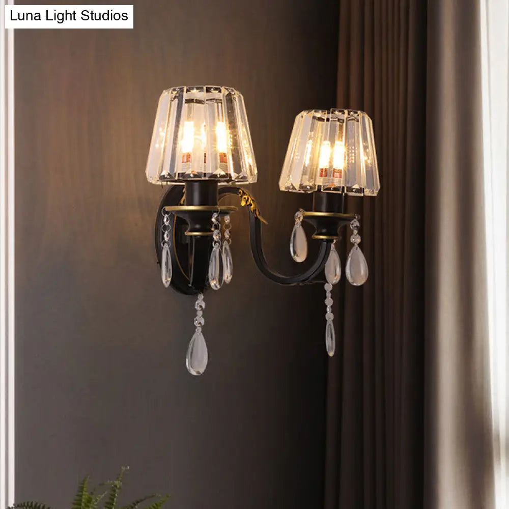 Modern Black Wall Lamp With Crystal Prisms Shade - Stylish Half-Head Light Fixture