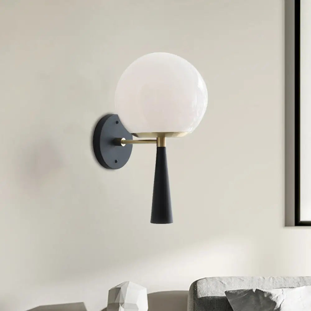 Modern Black Wall Mounted Bedroom Lamp With White Glass Globe Fixture - 1 Bulb