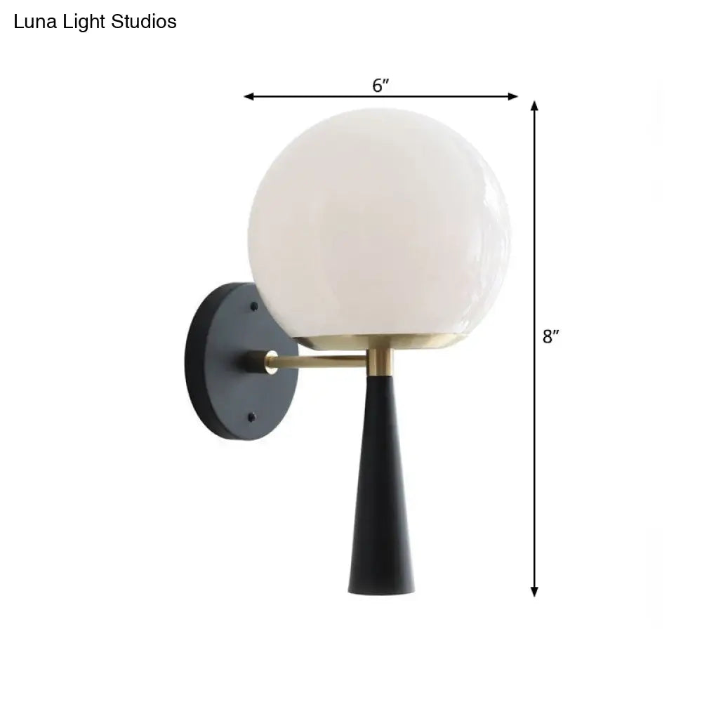 Modern Black Wall Mounted Bedroom Lamp With White Glass Globe Fixture - 1 Bulb