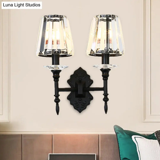 Modern Black Wall Mounted Lamp With Crystal Block Shade - 1/2-Light Bedside Lighting