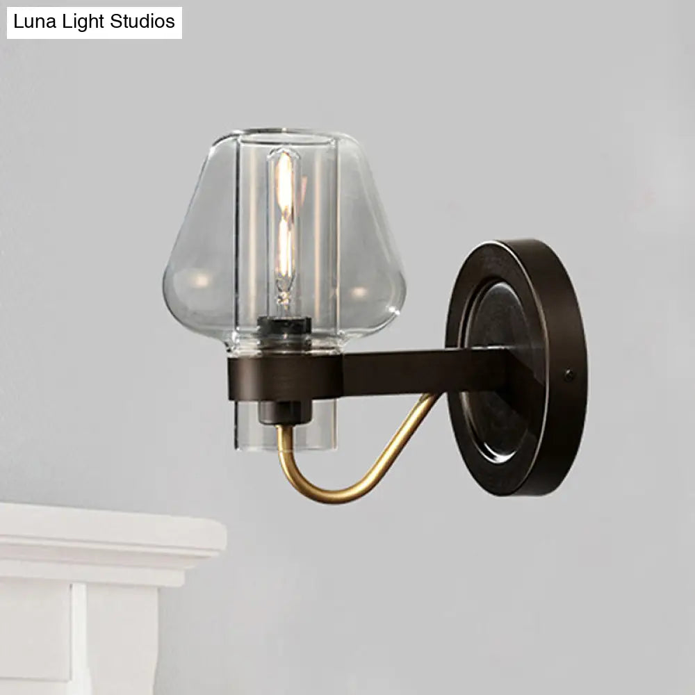 Modern Black Wall Sconce With Clear Glass Mushroom Shade - 1 Light Bedroom Lighting Fixture