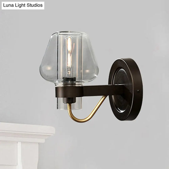 Modern Black Wall Sconce With Clear Glass Mushroom Shade - 1 Light Bedroom Lighting Fixture