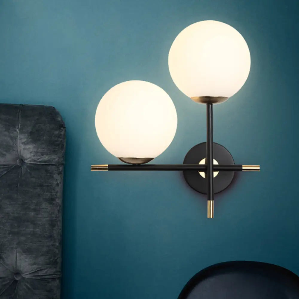 Modern Black Wall Sconce With Milky Glass Shade - 2 Bulbs Globe Light Fixture