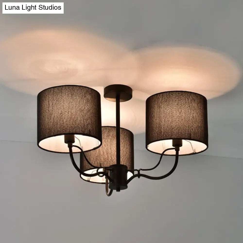 Modern Black/White Barrel Ceiling Lamp: 3/6 Bulbs Fabric Semi Flush Mount Chandelier For Lounge