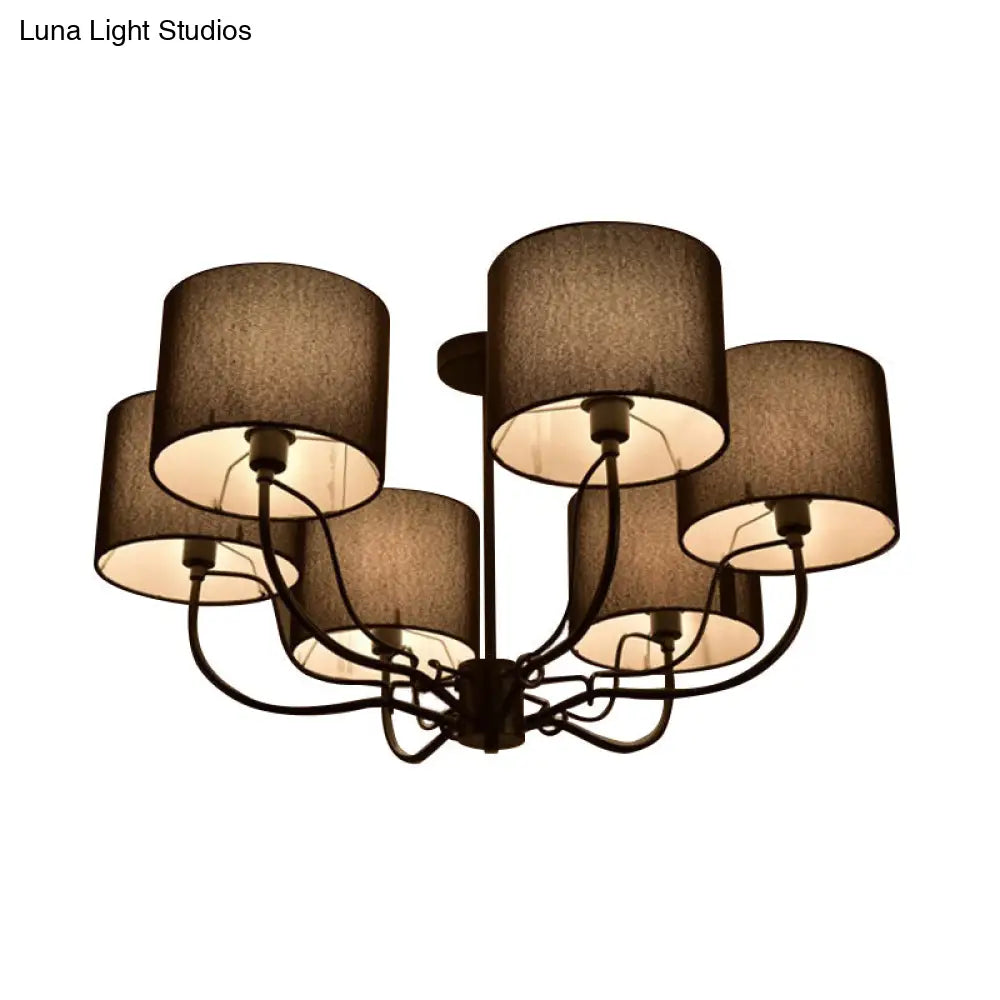 Modern Black/White Barrel Ceiling Lamp: 3/6 Bulbs Fabric Semi Flush Mount Chandelier For Lounge