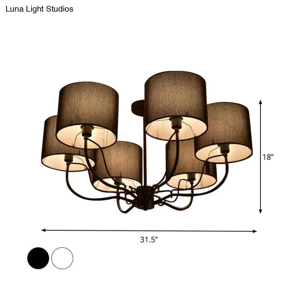 Modern Black/White Barrel Ceiling Lamp: 3/6 Bulbs Fabric Semi Flush Mount Chandelier For Lounge