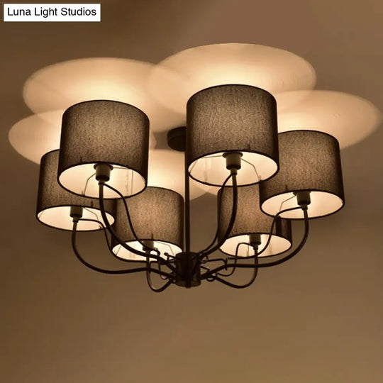 Modern Black/White Barrel Ceiling Lamp: 3/6 Bulbs Fabric Semi Flush Mount Chandelier For Lounge