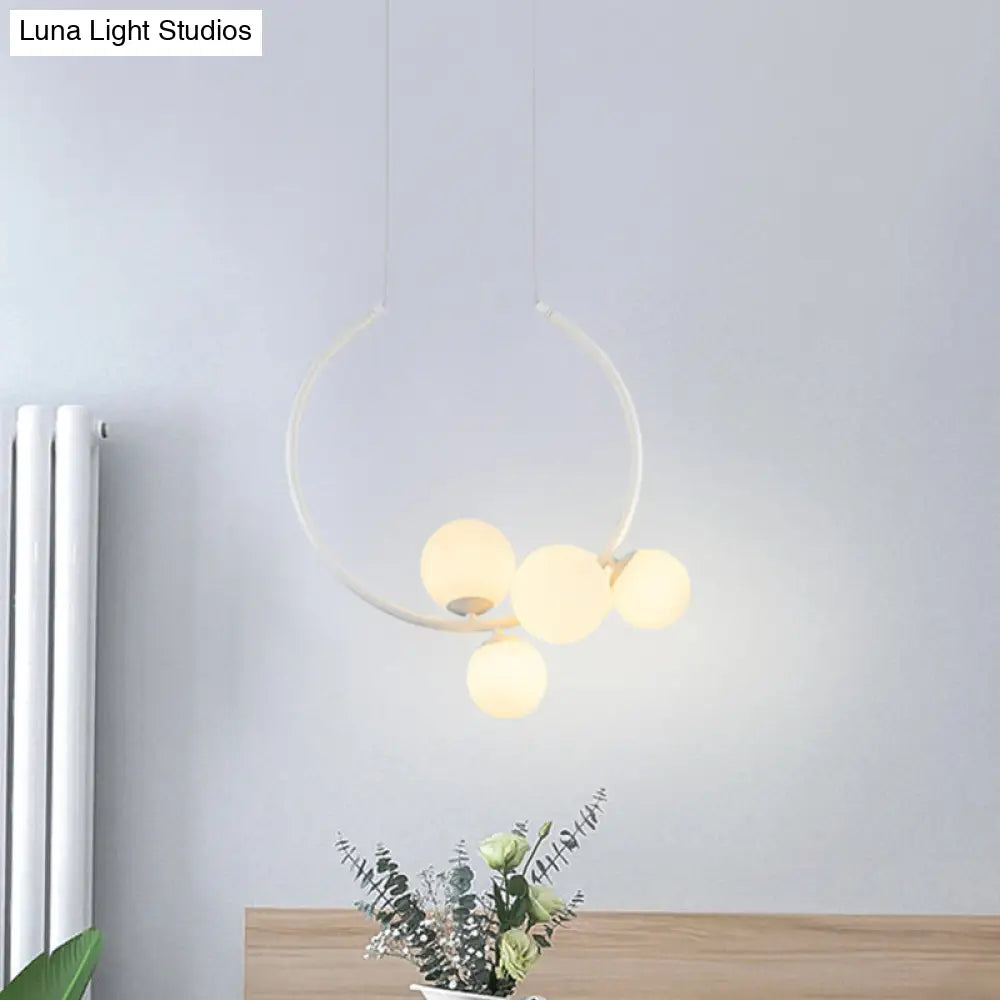 Modern Black & White Circle Chandelier Lamp With Milk Glass Shades - 5 Head Iron Pendant Lighting