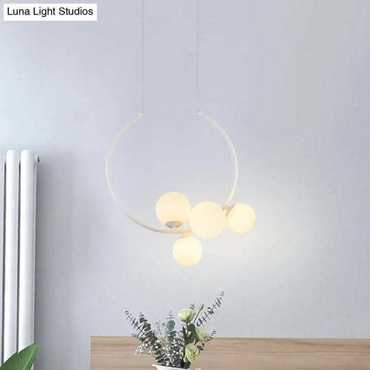 Modern Black & White Circle Chandelier Lamp With Milk Glass Shades - 5 Head Iron Pendant Lighting