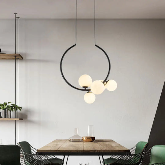 Modern Black/White Circle Chandelier Lamp With Glass Shades - 5-Head Iron Pendant Lighting Black