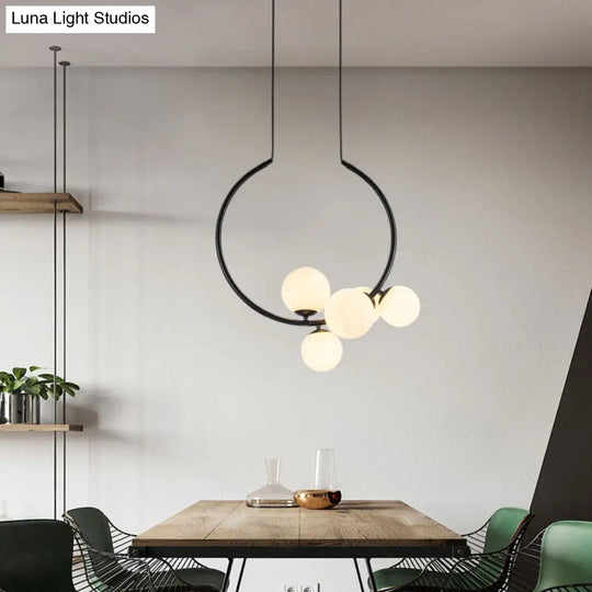 Modern Black & White Circle Chandelier Lamp With Milk Glass Shades - 5 Head Iron Pendant Lighting