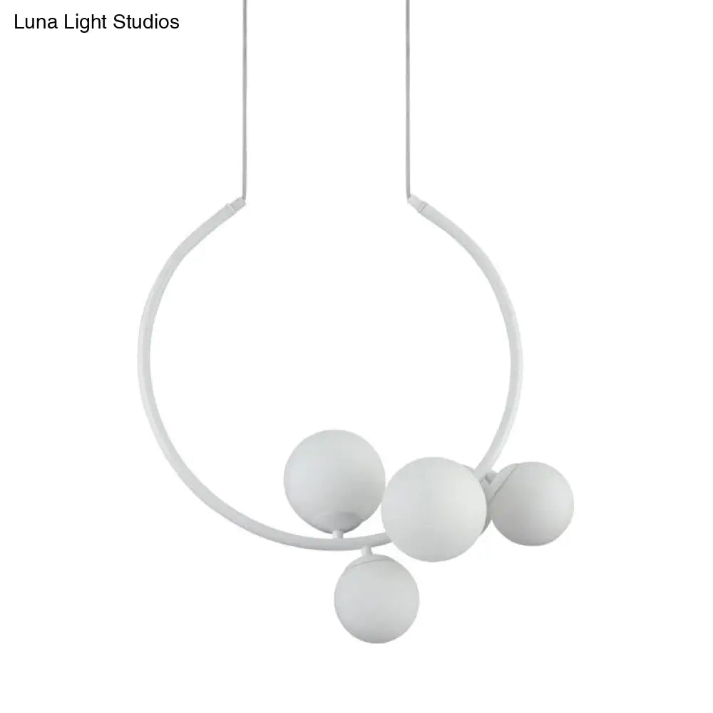 Modern Black & White Circle Chandelier Lamp With Milk Glass Shades - 5 Head Iron Pendant Lighting