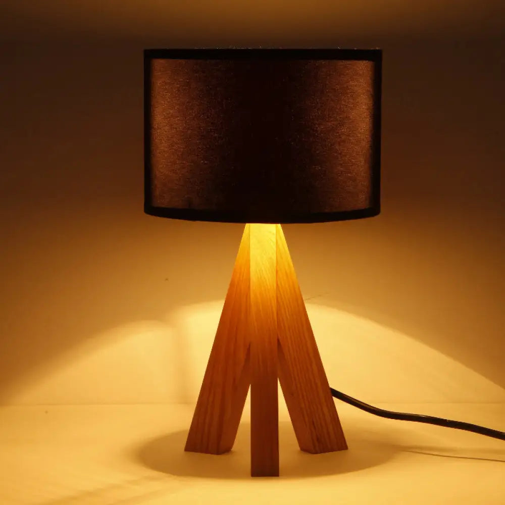 Modern Black/White Cylinder Table Lamp With Wood Tripod Stand Black