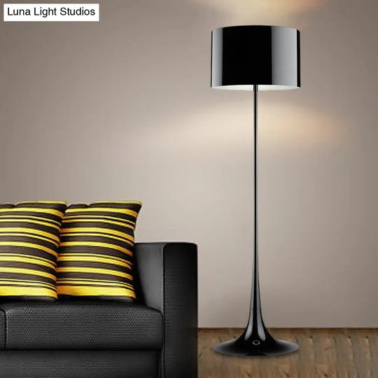 Modern Black/White Drum Shade Floor Lamp - 1-Light Aluminum Light 12/16 Width Ideal For Living Room