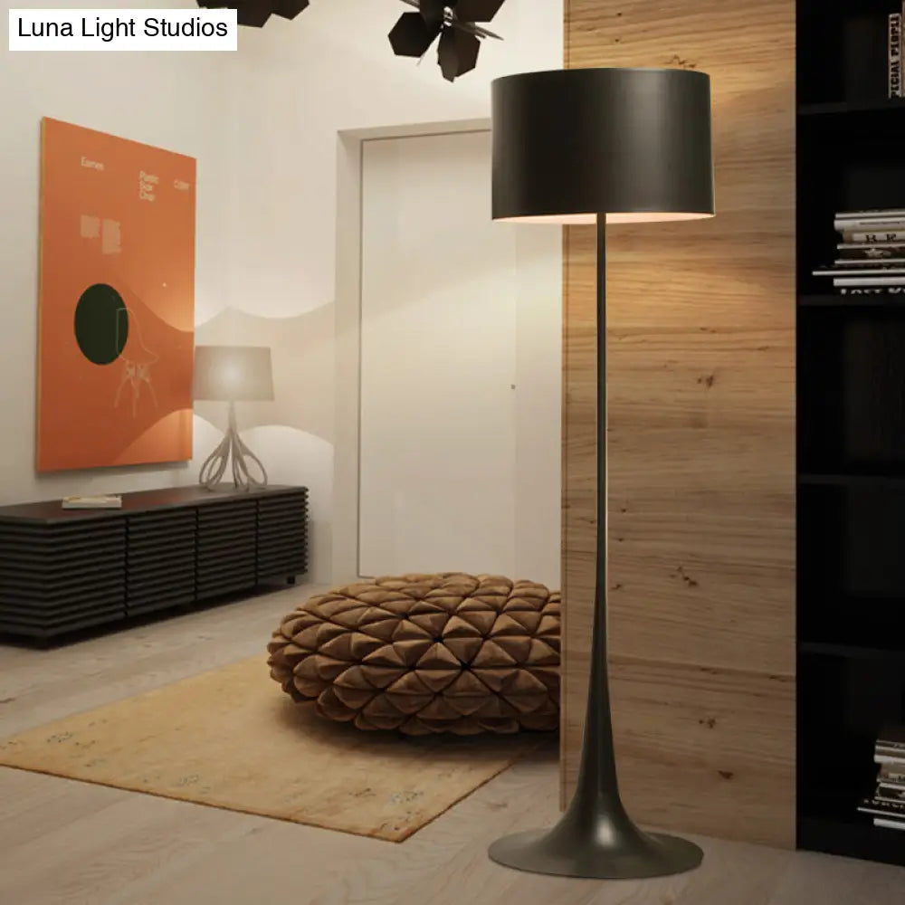 Modern Black/White Drum Shade Floor Lamp - 1-Light Aluminum Light 12/16 Width Ideal For Living Room