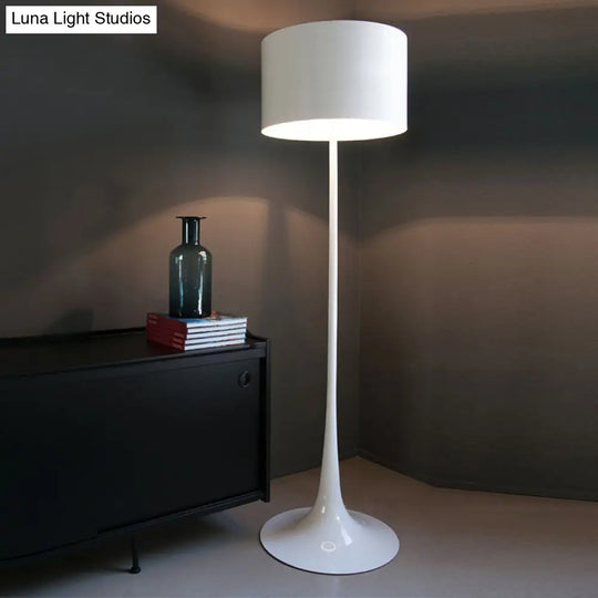 Modern Black/White Drum Shade Floor Lamp - 1-Light Aluminum Light 12/16 Width Ideal For Living Room