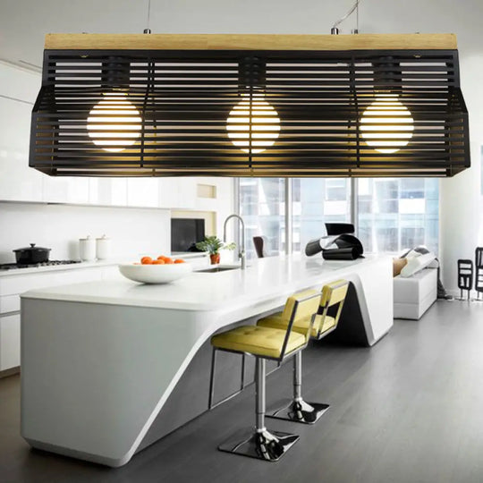 Modern Black/White Linear Island Pendant Light - 3-Light Metal And Wood Dining Room Lighting Black