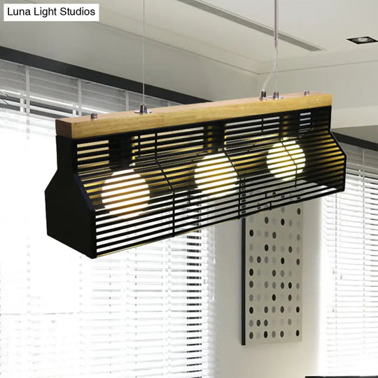 Modern Black/White Linear Island Pendant Light - 3-Light Metal And Wood Dining Room Lighting