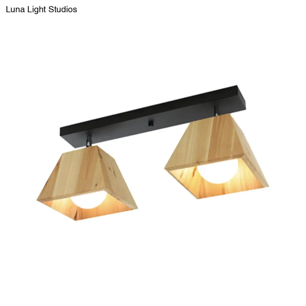 Modern Black/White Linear Semi Flushmount Lamp With Trapezoid Wooden Shade