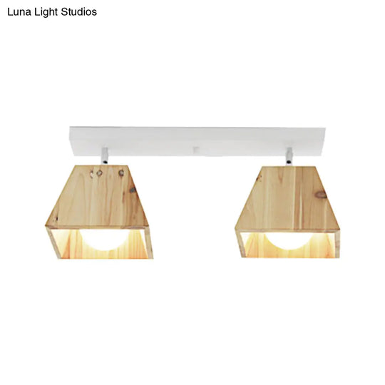 Modern Black/White Linear Semi Flushmount Lamp With Trapezoid Wooden Shade