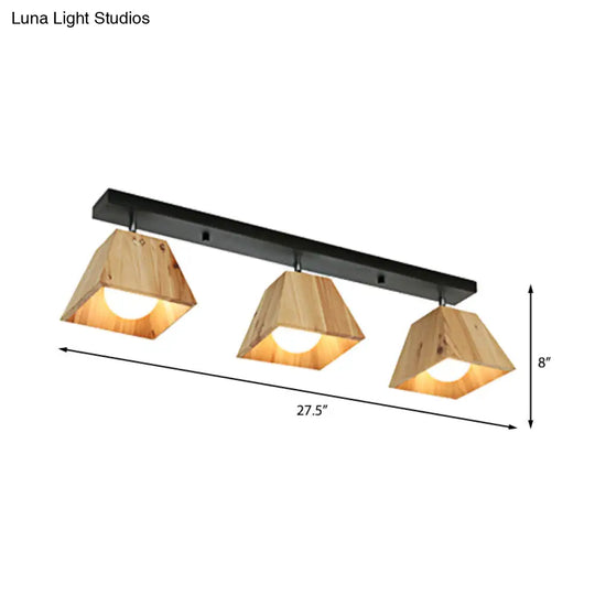 Modern Black/White Linear Semi Flushmount Lamp With Trapezoid Wooden Shade