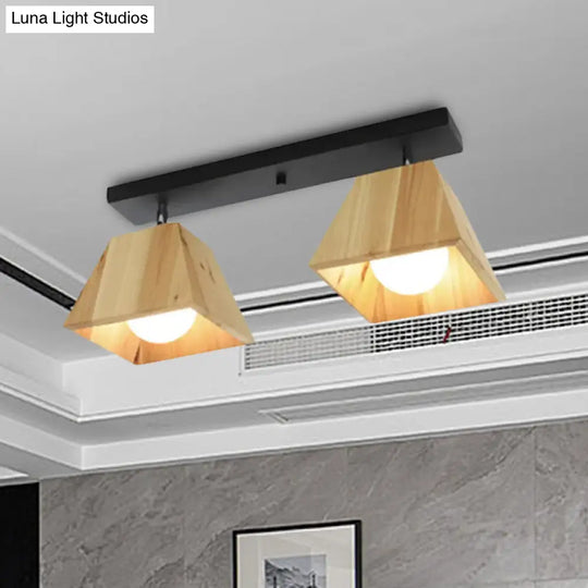 Modern Black/White Linear Semi Flushmount Lamp With Trapezoid Wooden Shade