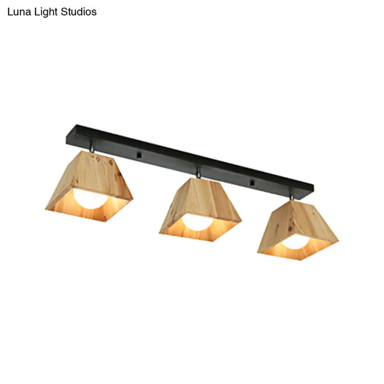 Modern Black/White Linear Semi Flushmount Lamp With Trapezoid Wooden Shade