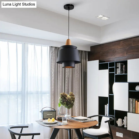 Modern 1-Head Dining Room Suspension Light With Tapered Metal Shade - Stylish Black/White Pendant