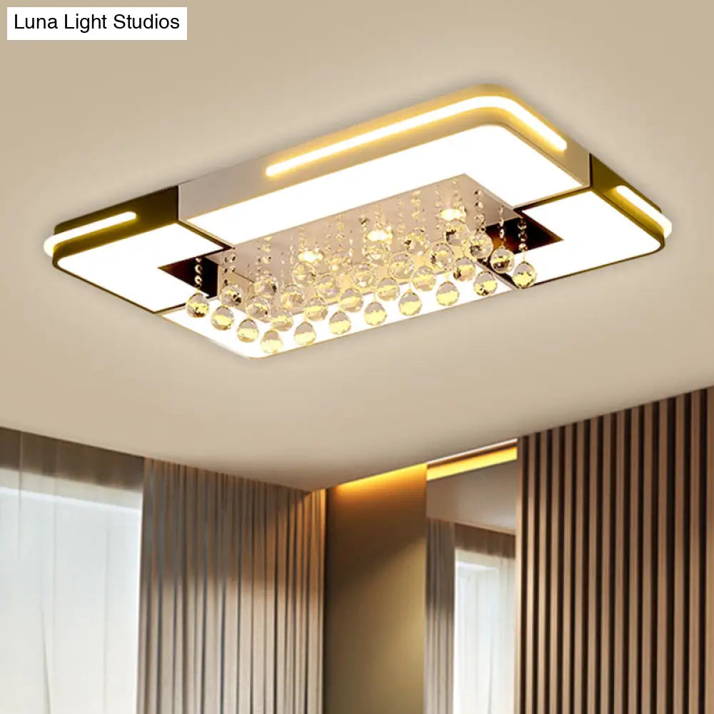 Modern Black & White Rectangle Led Ceiling Flushmount With Crystal Ball Deco In Light