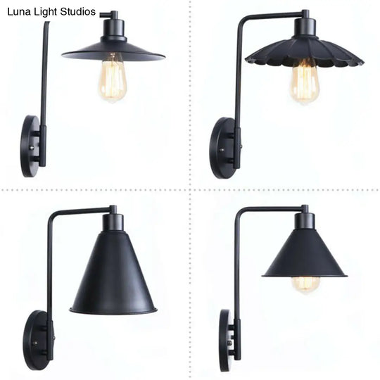 Modern Black/White Square Arm Wall Light With Iron Fixture Cone/Flared/Scalloped Shade For Bedside