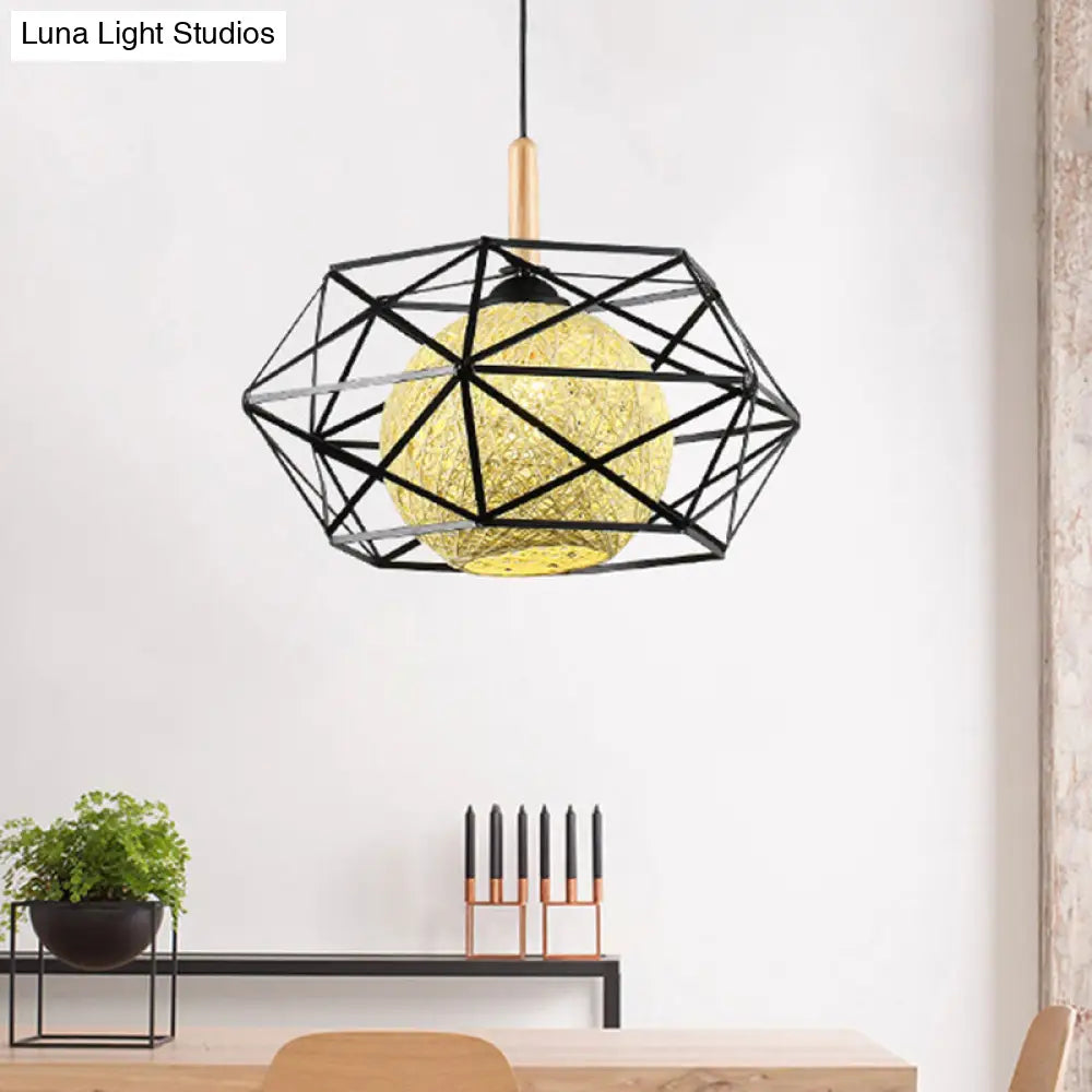 Modern Black Wire Cage Pendant Ceiling Light - Stylish Dining Room Hanging Lamp Kit With 1