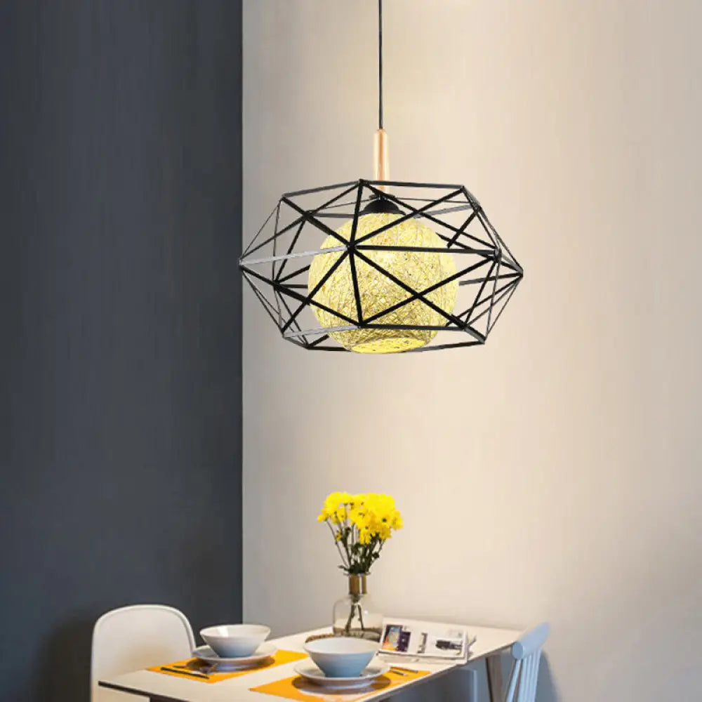 Modern Black Wire Cage Pendant Ceiling Light - Stylish Dining Room Hanging Lamp Kit With 1