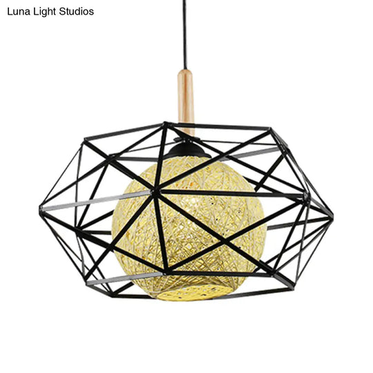 Modern Black Wire Cage Pendant Ceiling Light - Stylish Dining Room Hanging Lamp Kit With 1